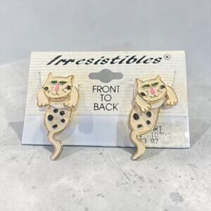 Vintage Cat Dangle Earrings Enamel Gold Tone Irresistibles NOS On Card 80s 90s